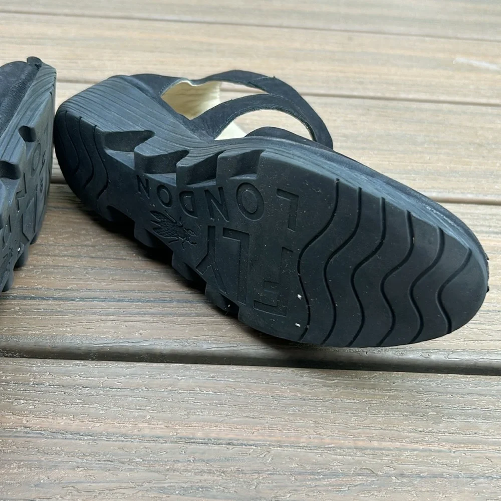 Fly London Black Wedge Sandals